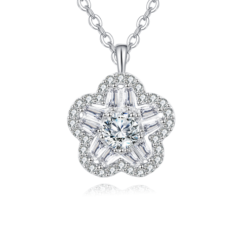 925 Sterling Silver Elegant Floral Zircon Pendant Necklace With Round Center Stone And Baguette Accents