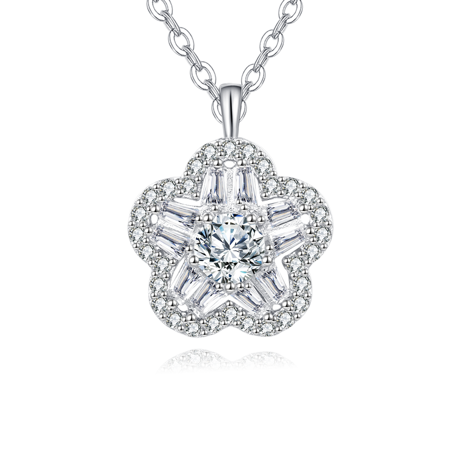 925 Sterling Silver Elegant Floral Zircon Pendant Necklace With Round Center Stone And Baguette Accents