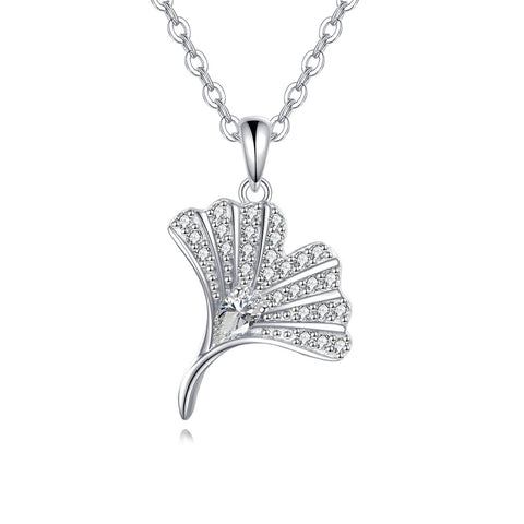 925 Sterling Silver Elegant Zircon Pendant Necklace With Delicate Silver Chain And Fan-design Accents