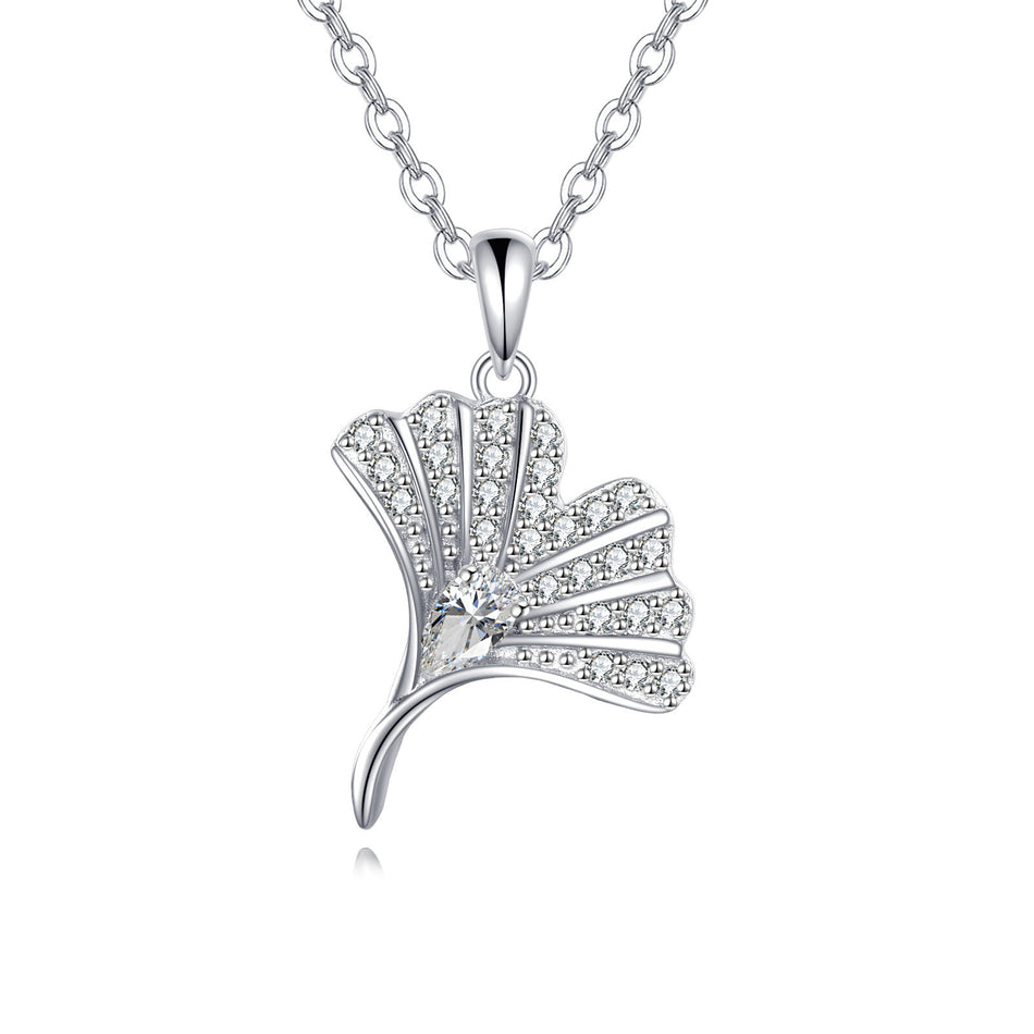 925 Sterling Silver Elegant Zircon Pendant Necklace With Delicate Silver Chain And Fan-design Accents