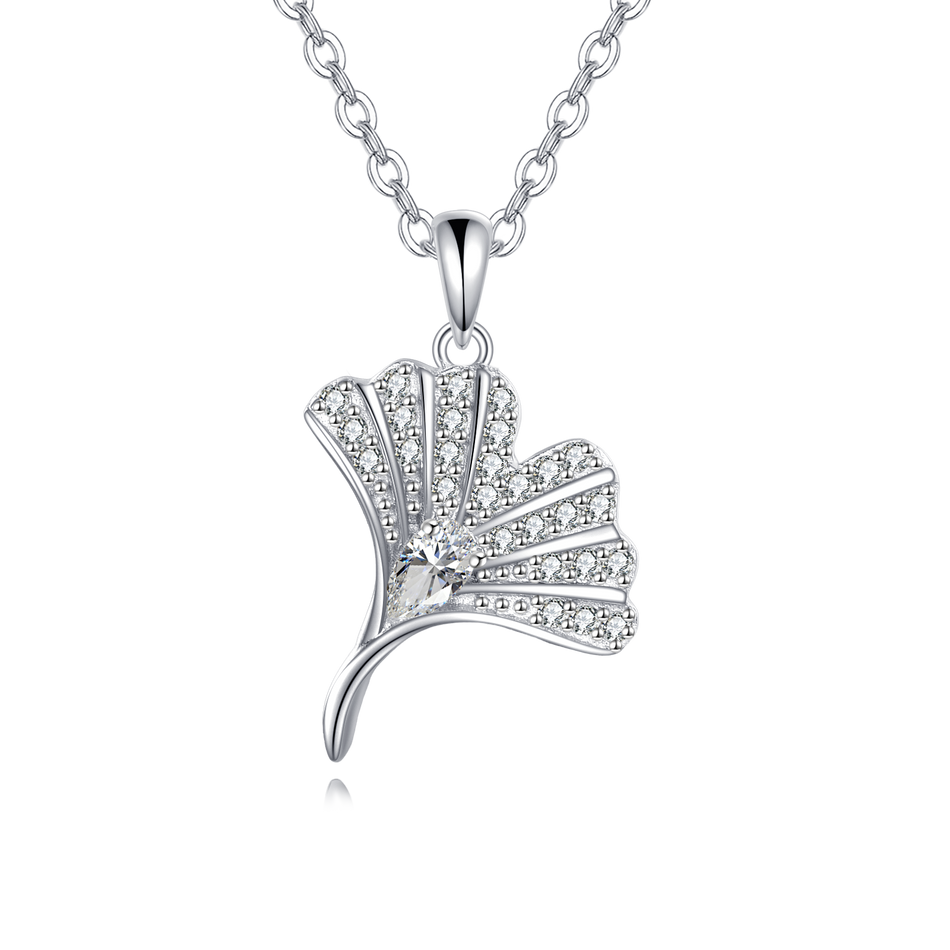 925 Sterling Silver Elegant Zircon Pendant Necklace With Delicate Silver Chain And Fan-design Accents