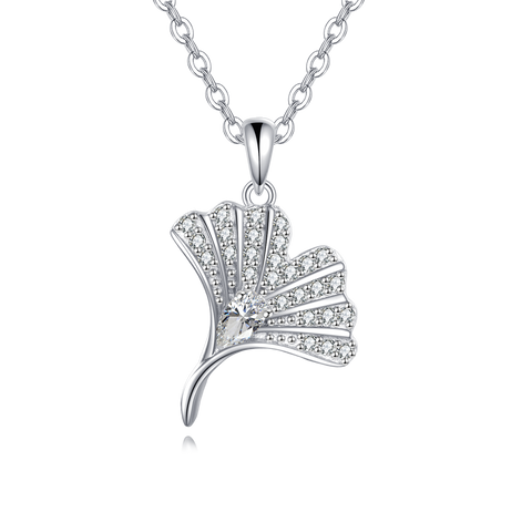 925 Sterling Silver Elegant Zircon Pendant Necklace With Delicate Silver Chain And Fan-design Accents