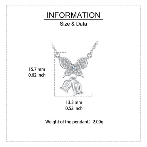 925 Sterling Silver **title:** Elegant Silver Butterfly Zircon Pendant Necklace With Charm Bells
