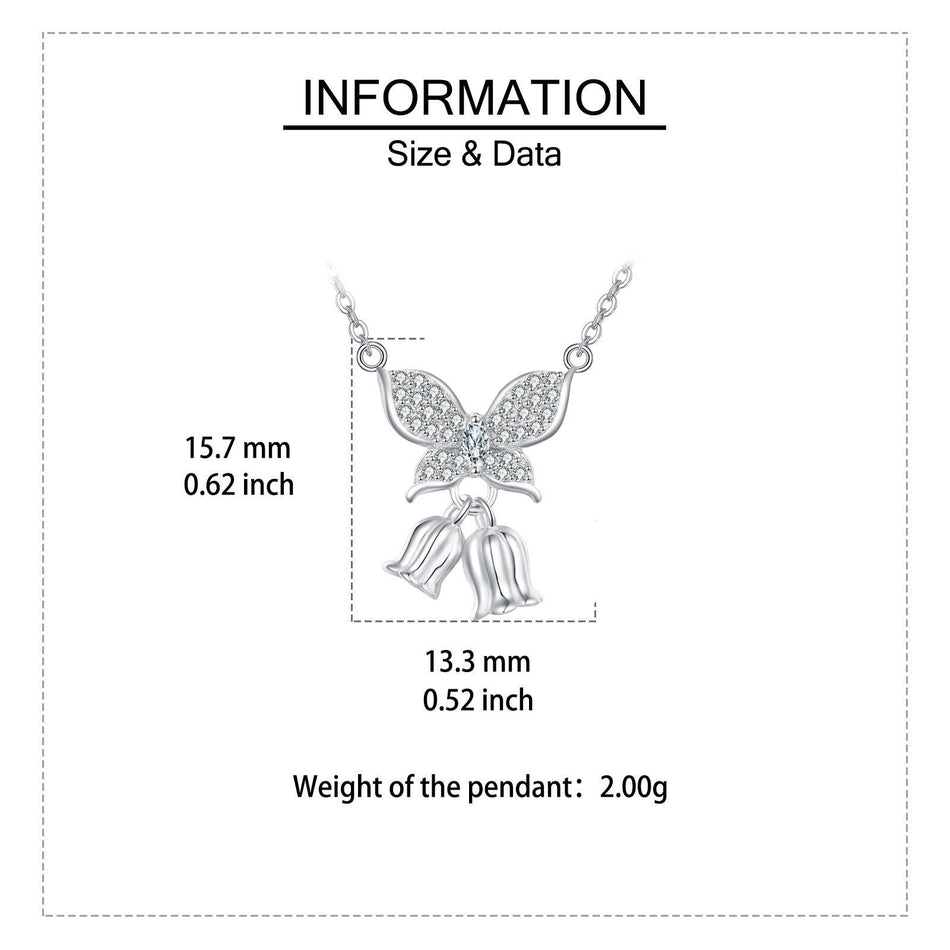925 Sterling Silver **title:** Elegant Silver Butterfly Zircon Pendant Necklace With Charm Bells