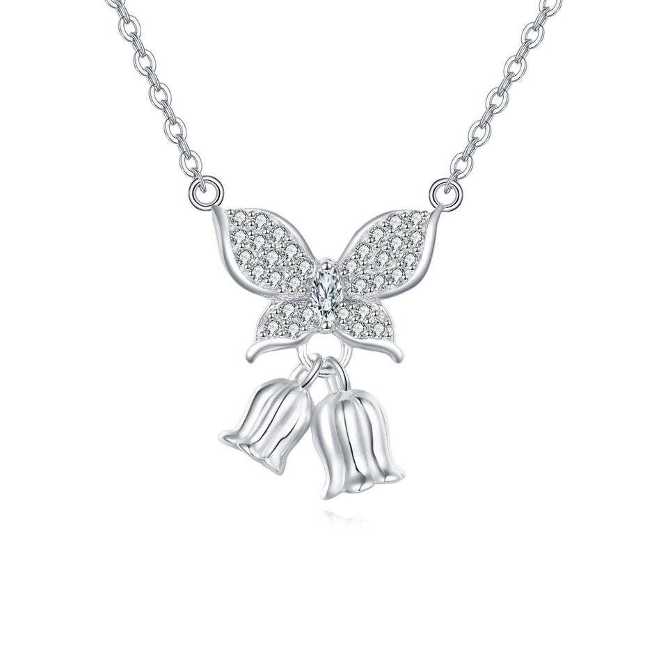 925 Sterling Silver **title:** Elegant Silver Butterfly Zircon Pendant Necklace With Charm Bells