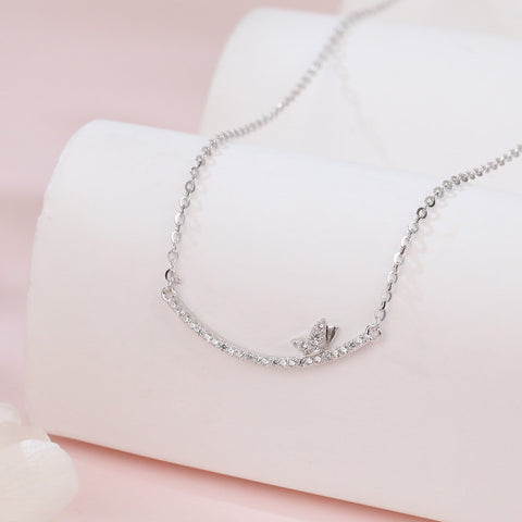 925 Sterling Silver Delicate Zircon Butterfly Pendant Necklace: Elegant Smiling Curve Design