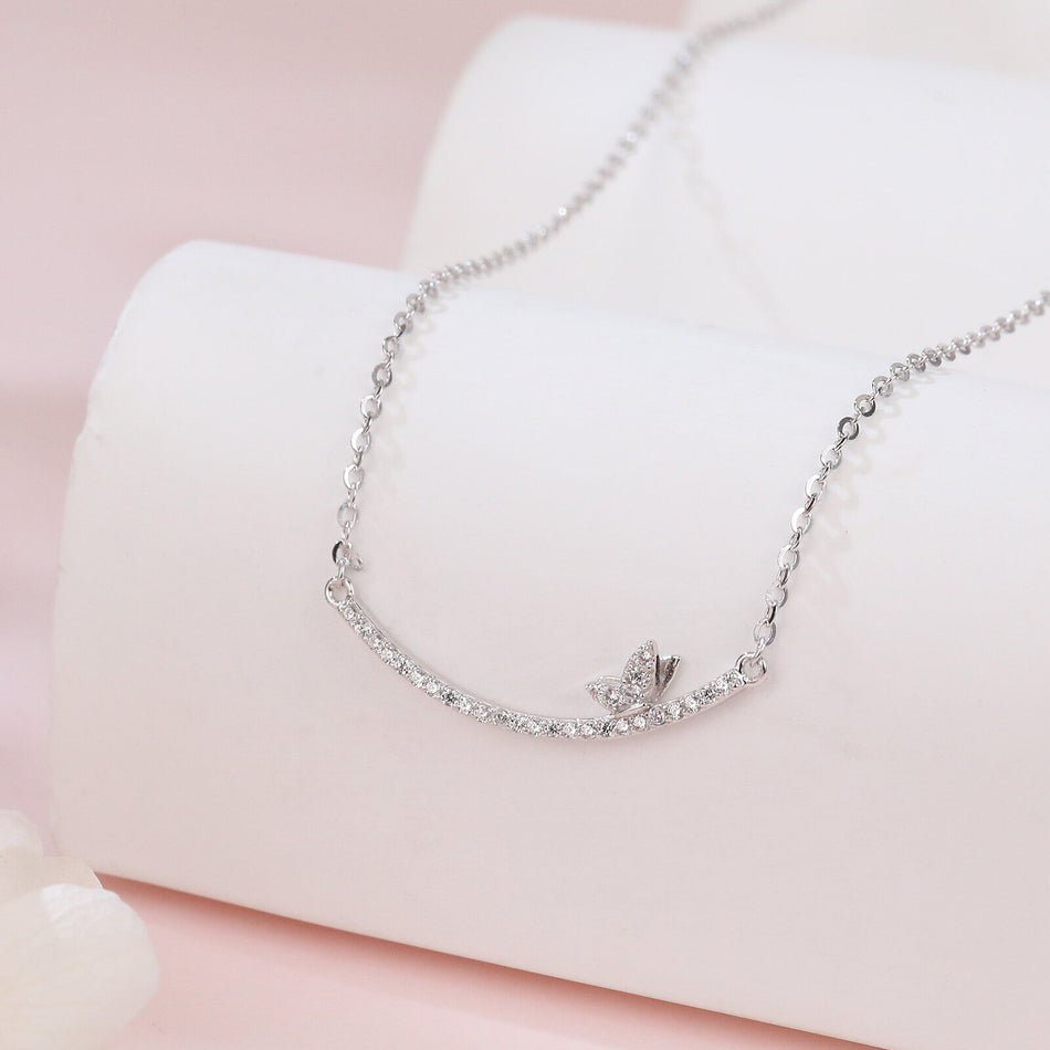 925 Sterling Silver Delicate Zircon Butterfly Pendant Necklace: Elegant Smiling Curve Design