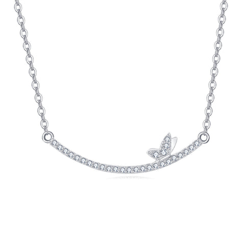 925 Sterling Silver Delicate Zircon Butterfly Pendant Necklace: Elegant Smiling Curve Design