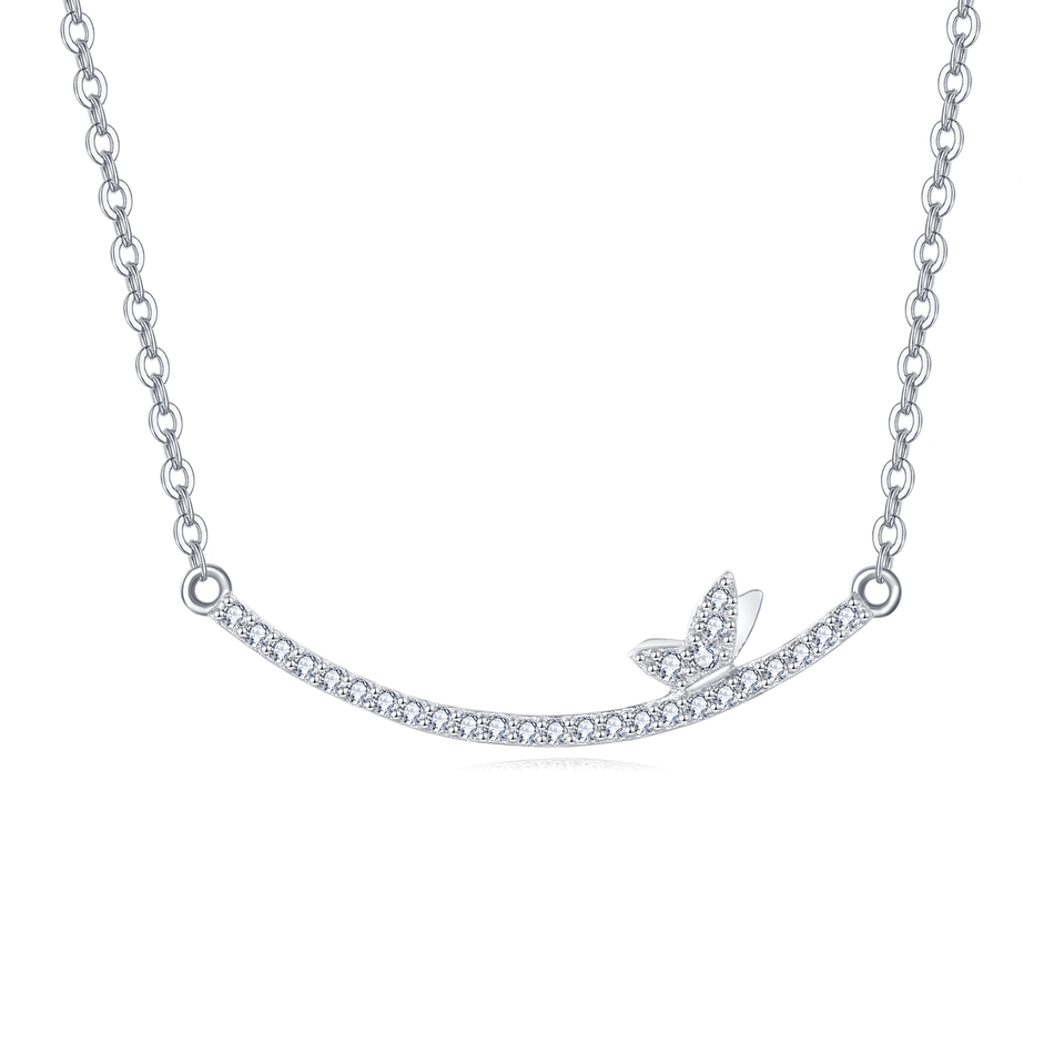 925 Sterling Silver Delicate Zircon Butterfly Pendant Necklace: Elegant Smiling Curve Design