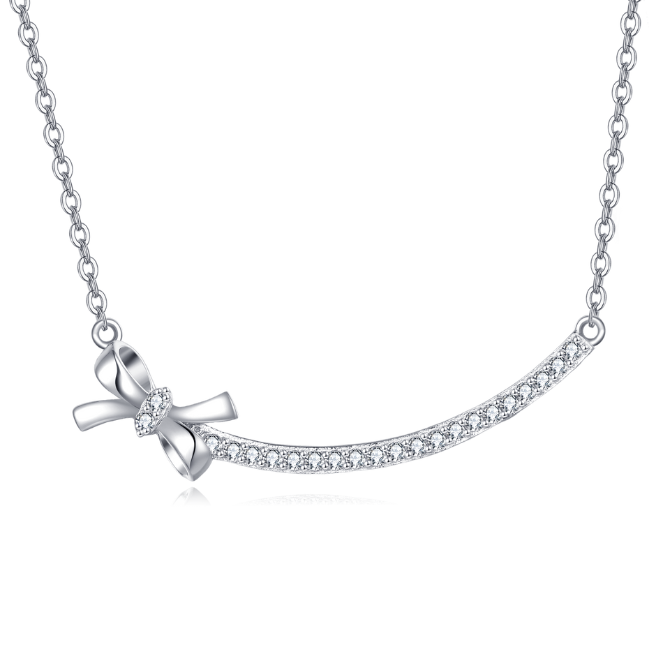 925 Sterling Silver Elegant Silver Zircon Bow Necklace With Curved Bar Pendant