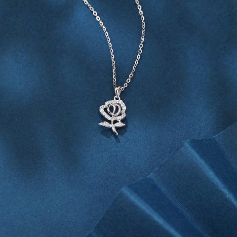 925 Sterling Silver elegant Silver Rose Pendant Necklace With Sparkling Zircons
