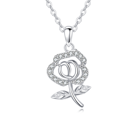 925 Sterling Silver elegant Silver Rose Pendant Necklace With Sparkling Zircons