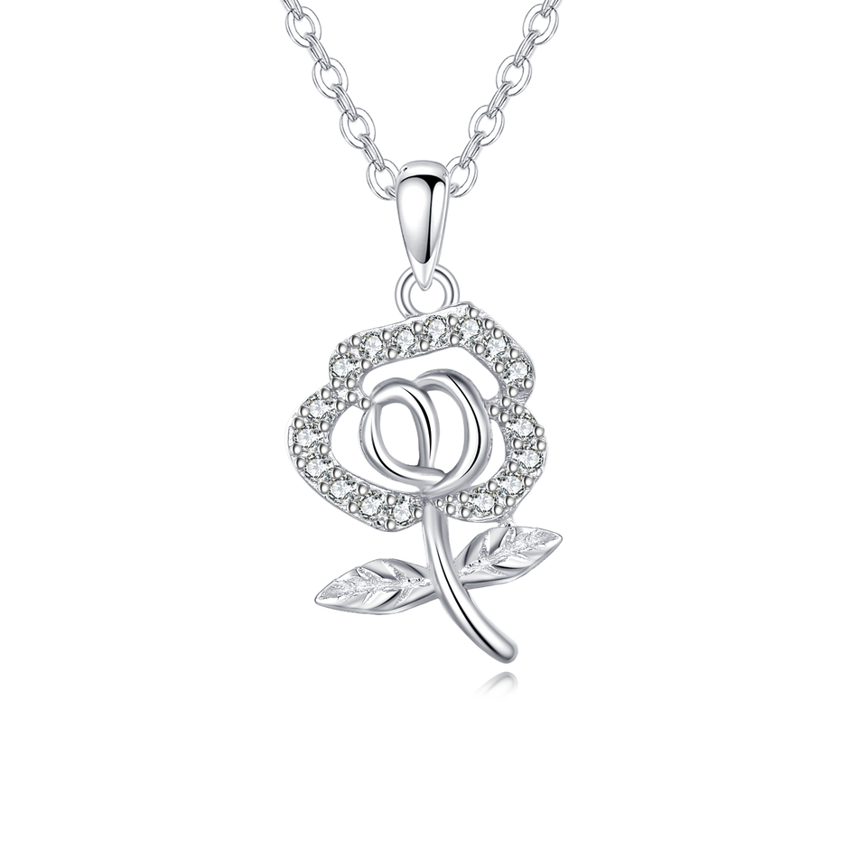 925 Sterling Silver elegant Silver Rose Pendant Necklace With Sparkling Zircons