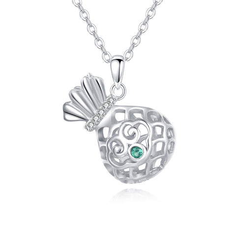 925 Sterling Silver Elegant Silver Pineapple Necklace With Green Gem And Zircon Accents