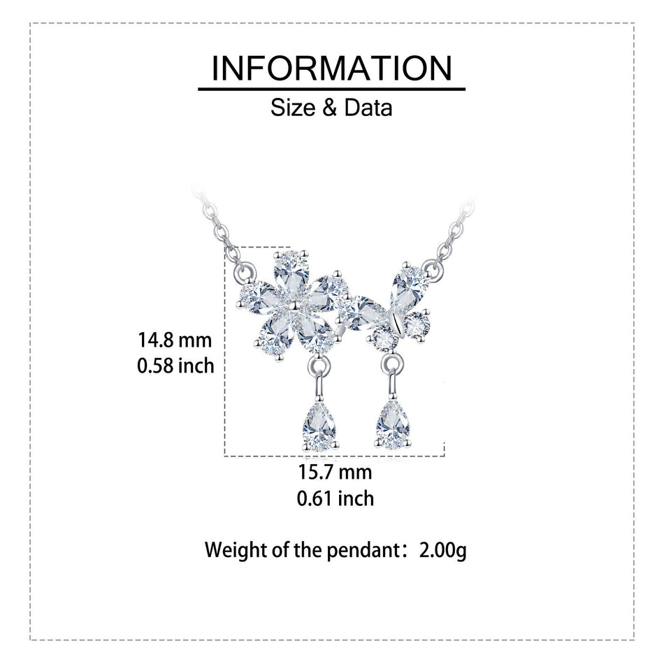 925 Sterling Silver Elegant Zircon Floral Necklace With Teardrop Charm Pendant