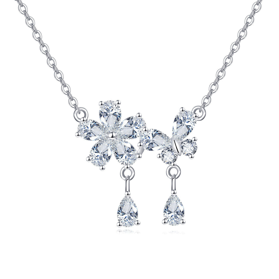 925 Sterling Silver Elegant Zircon Floral Necklace With Teardrop Charm Pendant