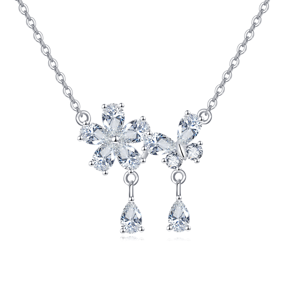 925 Sterling Silver Elegant Zircon Floral Necklace With Teardrop Charm Pendant