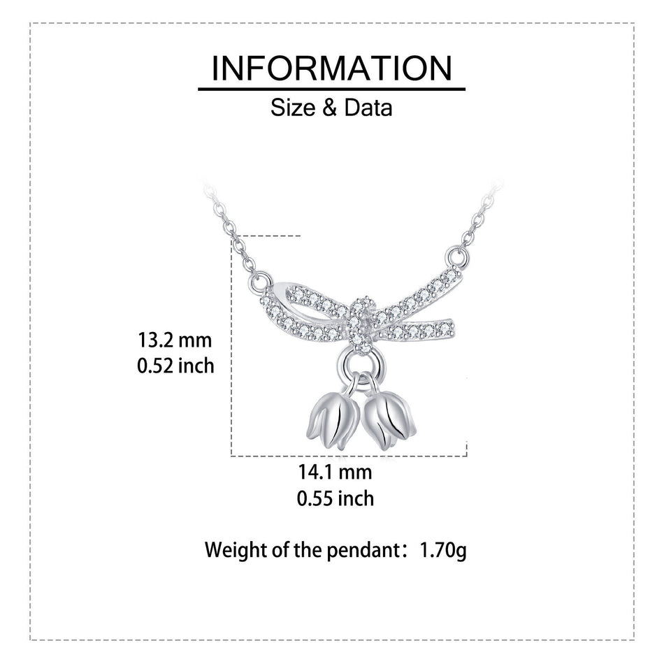 925 Sterling Silver Zircon Bow Necklace With Tulip Charms - Elegant Feminine Jewelry