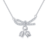 925 Sterling Silver Zircon Bow Necklace With Tulip Charms - Elegant Feminine Jewelry
