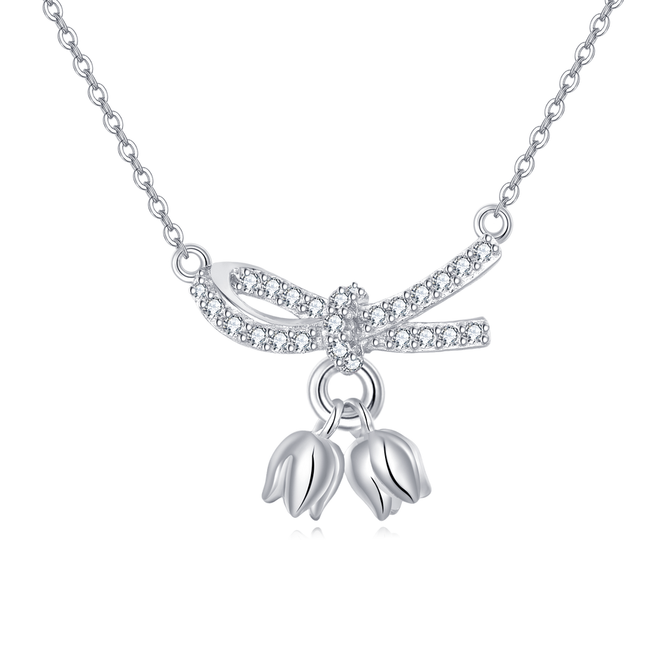 925 Sterling Silver Zircon Bow Necklace With Tulip Charms - Elegant Feminine Jewelry