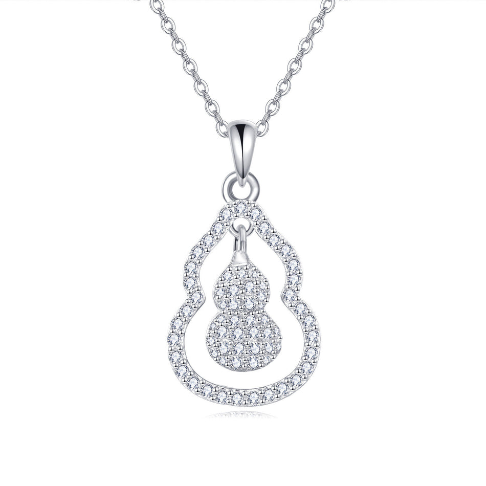 925 Sterling Silver Elegant Zircon-encrusted Gourd Pendant Necklace With Delicate Chain