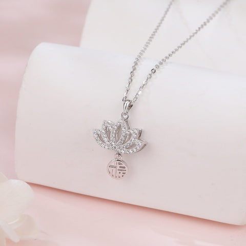 925 Sterling Silver Elegant Lotus Flower Necklace With Sterling Silver And Cubic Zirconia Charm