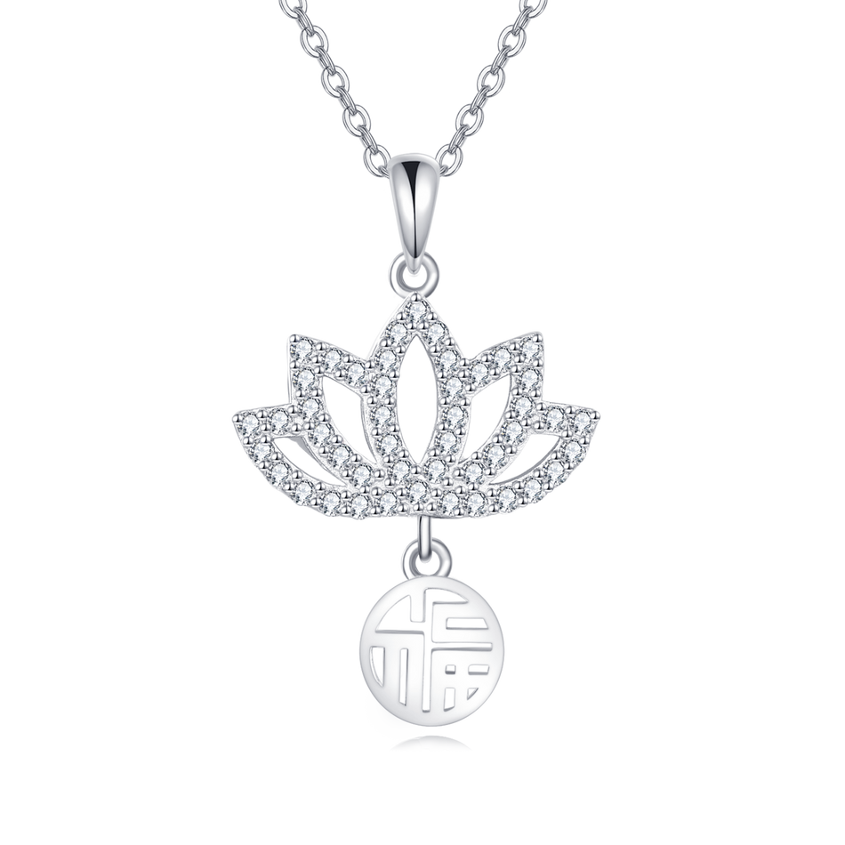 925 Sterling Silver Elegant Lotus Flower Necklace With Sterling Silver And Cubic Zirconia Charm