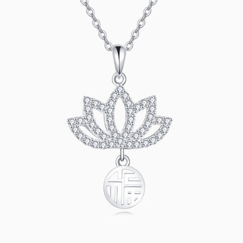 925 Sterling Silver Elegant Lotus Flower Necklace With Sterling Silver And Cubic Zirconia Charm