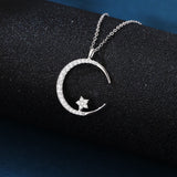 925 Sterling Silver Elegant Silver Crescent Moon & Star Zircon Pendant Necklace