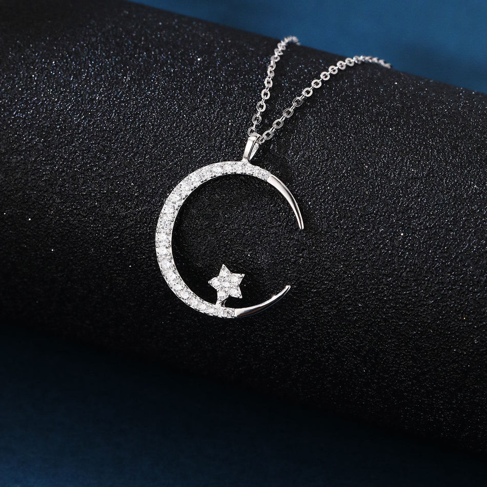 925 Sterling Silver Elegant Silver Crescent Moon & Star Zircon Pendant Necklace