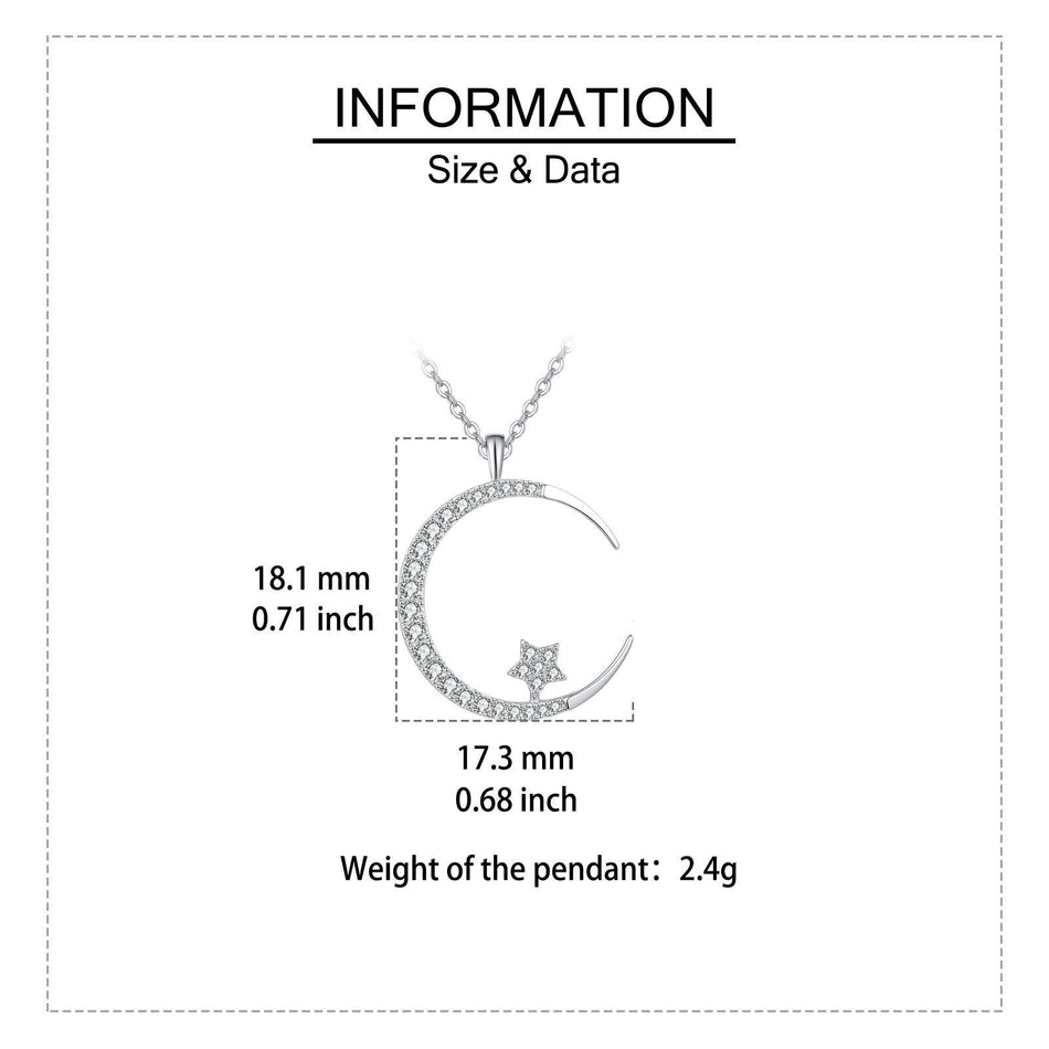 925 Sterling Silver Elegant Silver Crescent Moon & Star Zircon Pendant Necklace