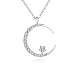 925 Sterling Silver Elegant Silver Crescent Moon & Star Zircon Pendant Necklace