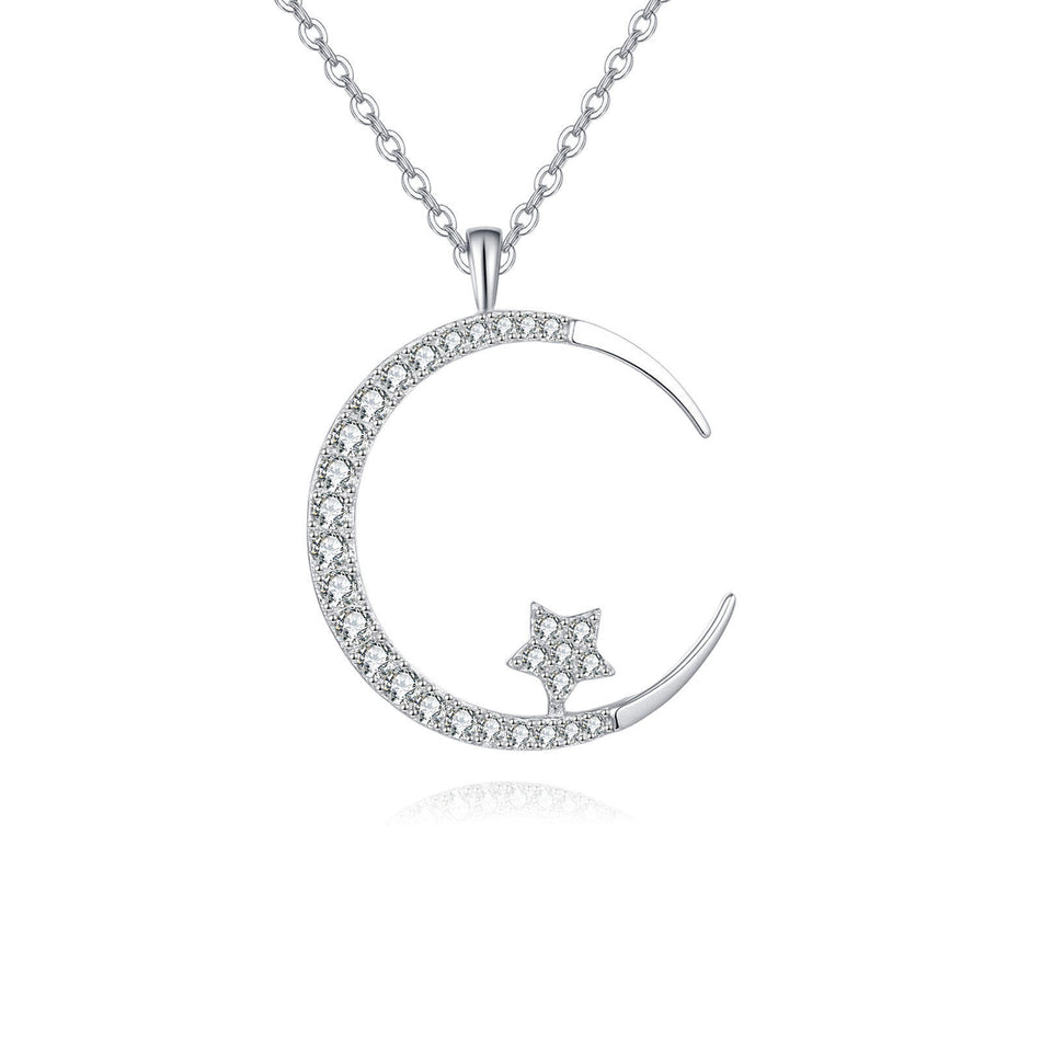 925 Sterling Silver Elegant Silver Crescent Moon & Star Zircon Pendant Necklace