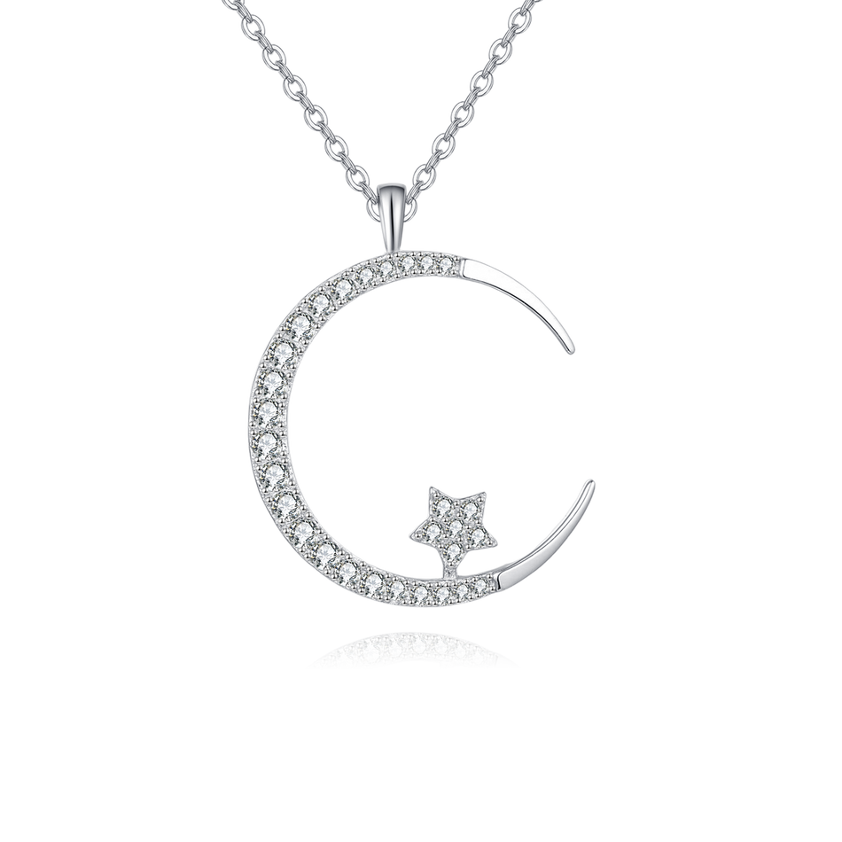 925 Sterling Silver Elegant Silver Crescent Moon & Star Zircon Pendant Necklace