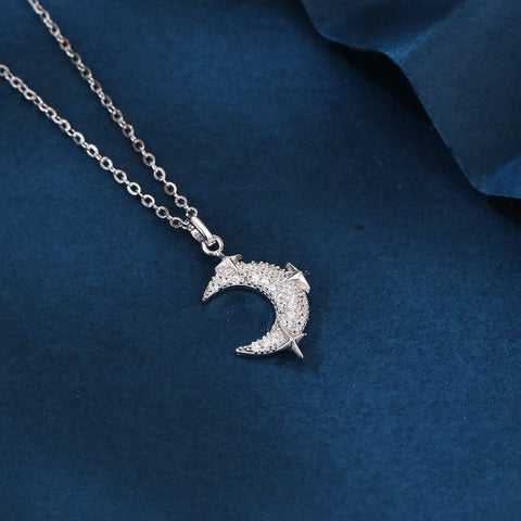925 Sterling Silver Silver Crescent Moon And Star Zircon Pendant Necklace