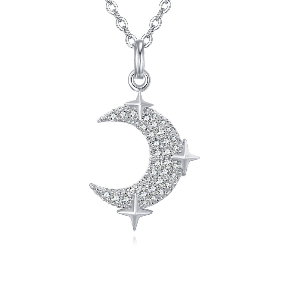 925 Sterling Silver Silver Crescent Moon And Star Zircon Pendant Necklace