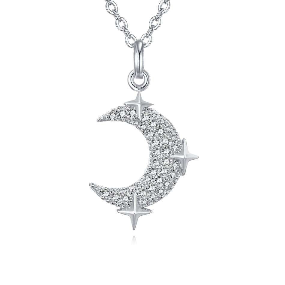 925 Sterling Silver Silver Crescent Moon And Star Zircon Pendant Necklace