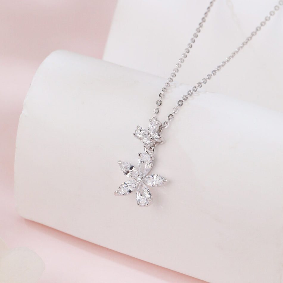 925 Sterling Silver Elegant Zircon Double Bloom Flower Necklace