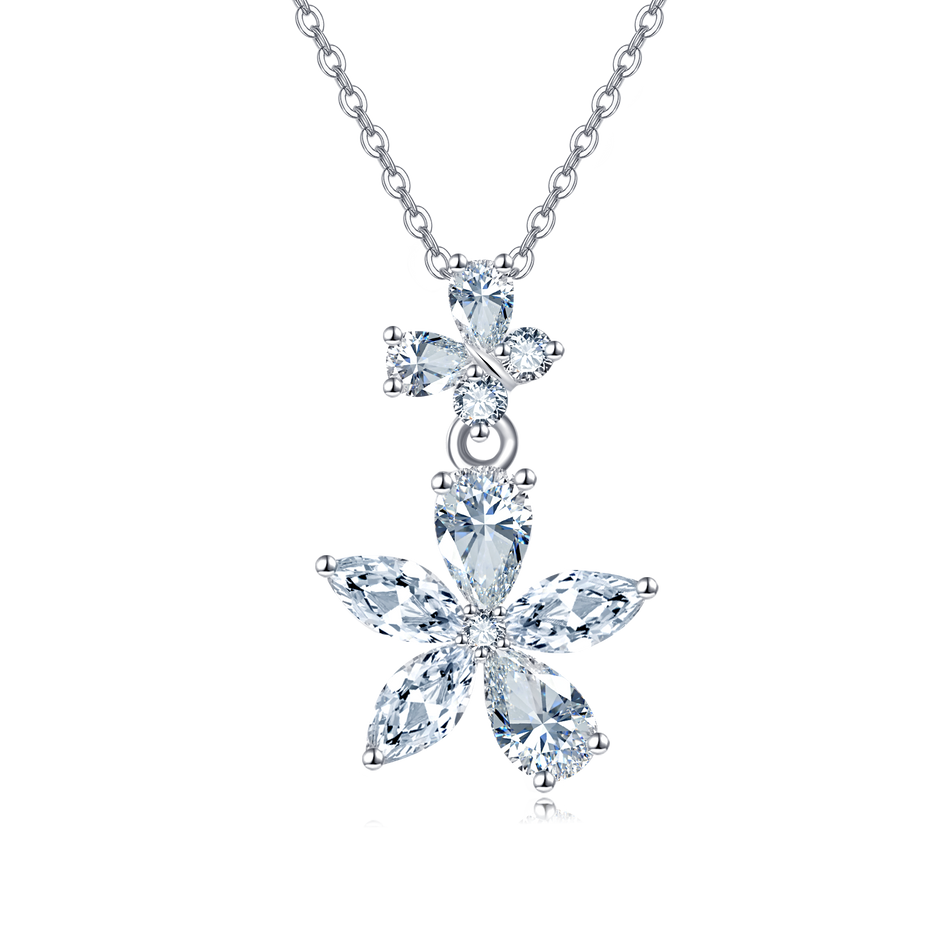 925 Sterling Silver Elegant Zircon Double Bloom Flower Necklace