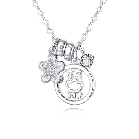 925 Sterling Silver **title:** Elegant Silver Necklace With Zircon Accents, Four-leaf Clover Charm, And Prosperity Symbol Pendant