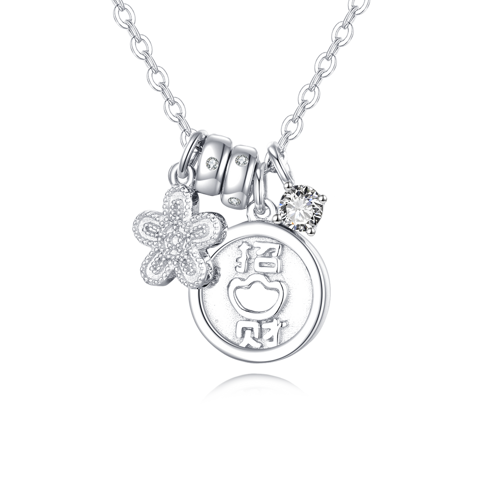 925 Sterling Silver **title:** Elegant Silver Necklace With Zircon Accents, Four-leaf Clover Charm, And Prosperity Symbol Pendant