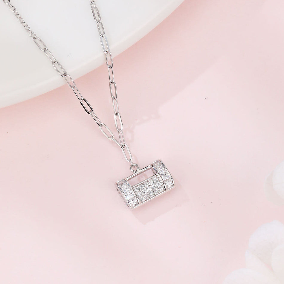 925 Sterling Silver Elegant Rectangular Zircon Encrusted Pendant Necklace With Silver Chain