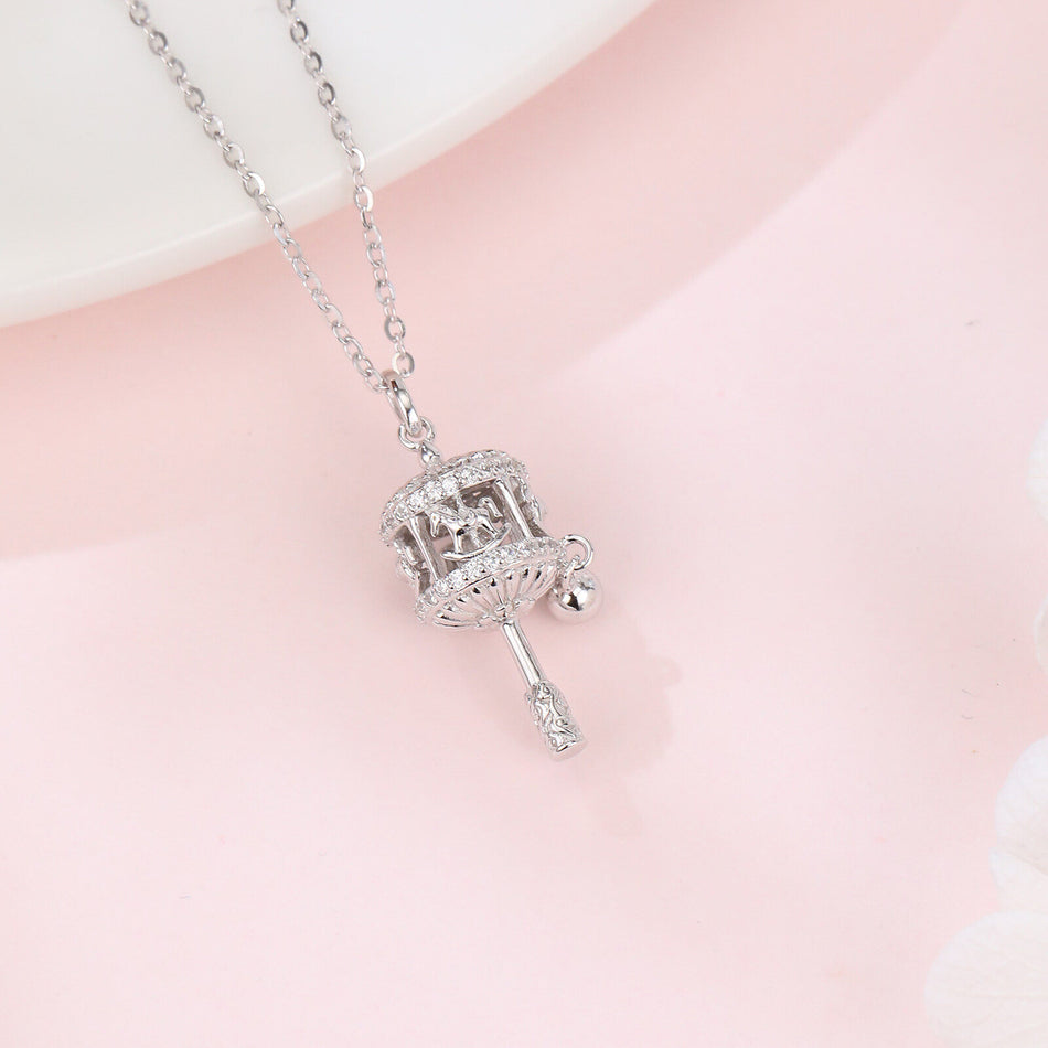925 Sterling Silver Sterling Silver Carousel Pendant Necklace With Crystal Accents And Charm Bell