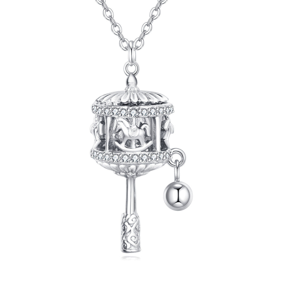 925 Sterling Silver Sterling Silver Carousel Pendant Necklace With Crystal Accents And Charm Bell