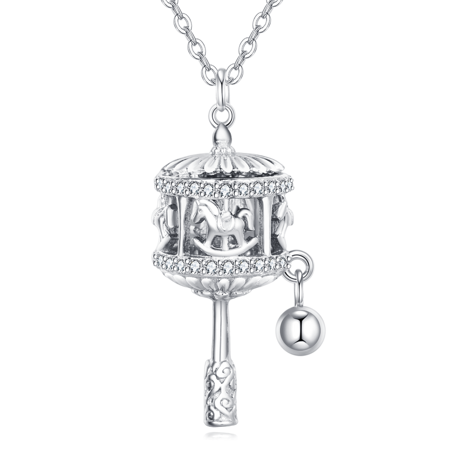 925 Sterling Silver Sterling Silver Carousel Pendant Necklace With Crystal Accents And Charm Bell