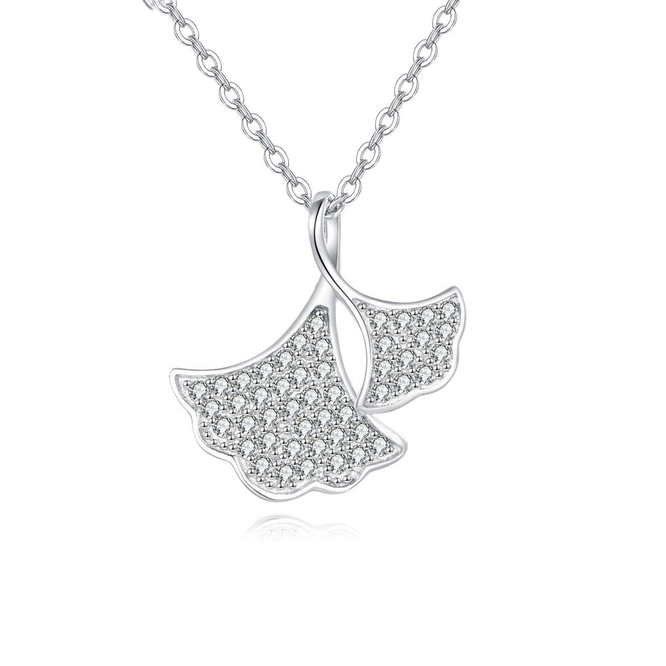 925 Sterling Silver Silver Ginkgo Leaf Zircon Pendant Necklace