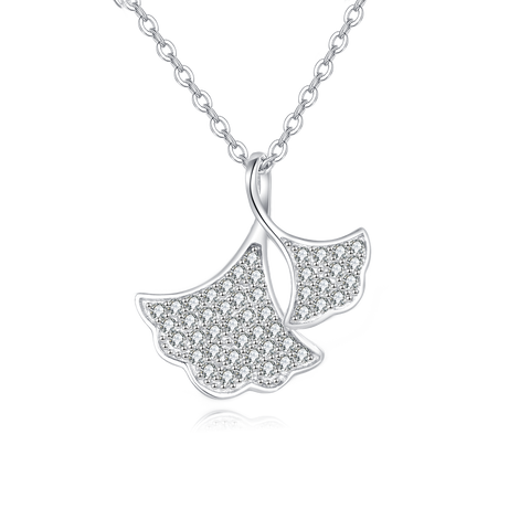 925 Sterling Silver Silver Ginkgo Leaf Zircon Pendant Necklace