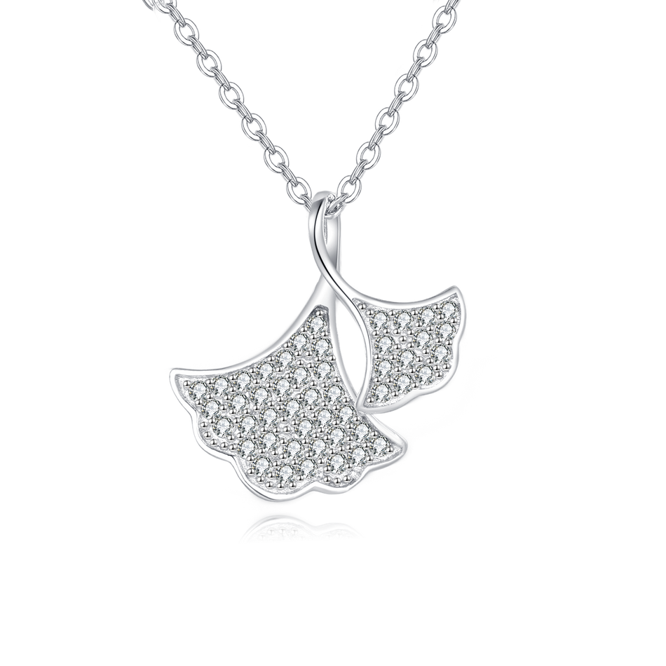 925 Sterling Silver Silver Ginkgo Leaf Zircon Pendant Necklace