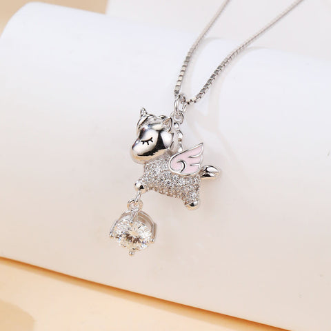 925 Sterling Silver Enchanted Unicorn Wing Pendant Necklace With Moissanite Accents