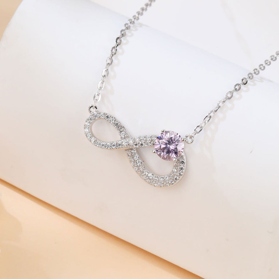 925 Sterling Silver Elegant Infinity Moissanite Necklace With Purple Gemstone Pendant